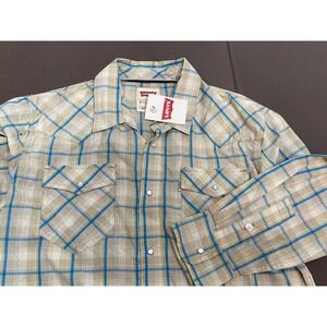 Levi's‎ Pearl Snap Western Shirt Men's Medium  Long Sleeve Beige Blue Plaid NWT